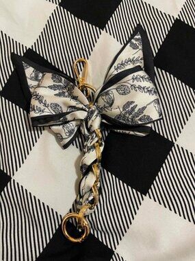 Scarf Bow Bag Charm Keychain Black White Botanical Print Gold Hardware